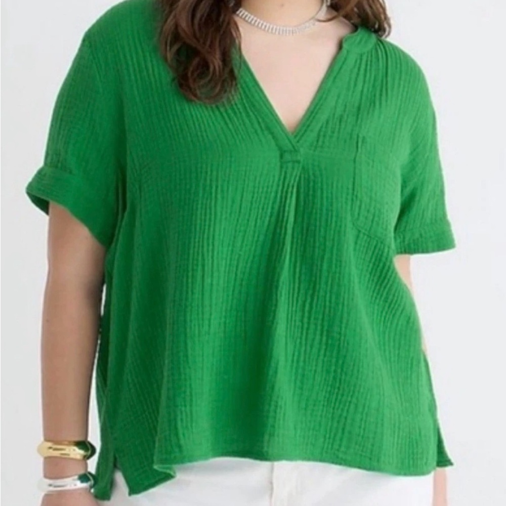 J.Crew V-Neck Double-Gauze Popover Shirt Kelly Green Cotton BI431 Size S NWT